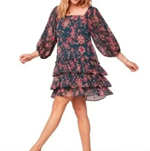 Band of The Free Dresses & Skirts - BAND Of The FREE L Mandy Floral Pine Berry Balloon Sleeve Ruffle Boho Mini Dress